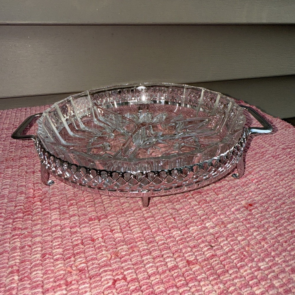Vintage ROUND Glass 3 PART CANDY or RELISH DISH in METAL CADDY BASKET